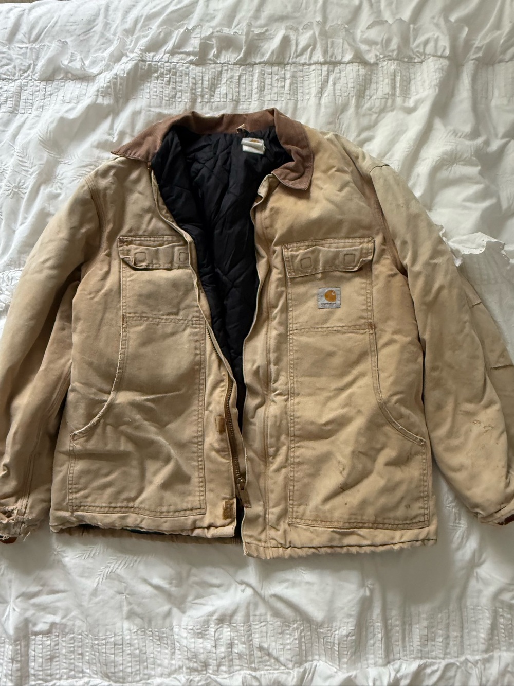 Carhartt Tan Duck Canvas Work Jacket with Black Puffer Lining